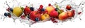 Assortment of Fresh fruits mixed falling into water with a big splash . Wide banner. Generative AI Royalty Free Stock Photo