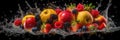 Assortment of Fresh fruits mixed falling into water with a big splash . Wide banner. Generative AI Royalty Free Stock Photo