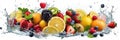 Assortment of Fresh fruits mixed falling into water with a big splash . Wide banner. Generative AI Royalty Free Stock Photo