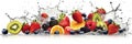 Assortment of Fresh fruits mixed falling into water with a big splash . Wide banner. Generative AI Royalty Free Stock Photo