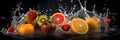 Assortment of Fresh fruits mixed falling into water with a big splash . Wide banner. Generative AI Royalty Free Stock Photo