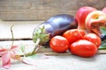 Assortment of fresh fruits and vegetables. autumn harvesting vegetables - eggplant tomatoes zucchini sweet pepper