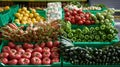 Assortment of fresh fruits and vegetables on market counter Royalty Free Stock Photo