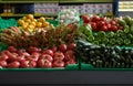 Assortment of fresh fruits and vegetables on market counter Royalty Free Stock Photo