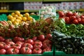 Assortment of fresh fruits and vegetables on market counter Royalty Free Stock Photo