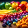 Assortment of fresh fruits and vegetables in rainbow colors. AI generative illustration Royalty Free Stock Photo