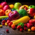 Assortment of fresh fruits and vegetables in rainbow colors. AI generative illustration Royalty Free Stock Photo