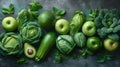 Assortment of fresh green vegetables and fruits on dark background Royalty Free Stock Photo