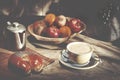 Assortment fresh healthy fruits in handmade wooden bowl made in Royalty Free Stock Photo