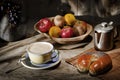 Assortment fresh healthy fruits in handmade wooden bowl made in Ecuador on wooden background. Coffee percolator, cup of coffee, b Royalty Free Stock Photo