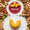 Assortment of fresh nuts and macaroni pasta with \