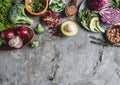 Assortment of fresh organic farmer vegetables food for cooking vegan vegetarian diet and nutrition. Royalty Free Stock Photo