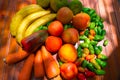 Assortment of fresh organic fruits and vegetables in rainbow colors Royalty Free Stock Photo