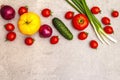 Assortment fresh organic vegetables. Food cooking stone background. Healthy vegetarian vegan eating concept, copy space, top Royalty Free Stock Photo