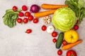 Assortment fresh organic vegetables. Food cooking stone background. Healthy vegetarian vegan eating concept, top view copy space Royalty Free Stock Photo