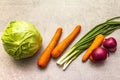 Assortment fresh organic vegetables. Food cooking stone background. Ingredients for cole slaw salad. Healthy vegetarian vegan