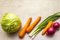 Assortment fresh organic vegetables. Food cooking stone background. Ingredients for cole slaw salad. Healthy vegetarian vegan