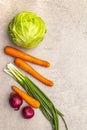 Assortment fresh organic vegetables. Food cooking stone background. Ingredients for cole slaw salad. Healthy vegetarian vegan