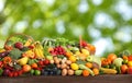 Assortment of fresh organic vegetables and fruits on wooden table against blurred green background Royalty Free Stock Photo