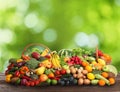 Assortment of fresh organic vegetables and fruits on wooden table against blurred green background Royalty Free Stock Photo
