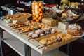 Assortment of fresh pastry on table in buffet Royalty Free Stock Photo