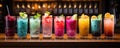 Assortment fresh rainbow cocktails on the bar counter