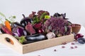 Assortment of fresh raw purple homegrown vegetables on dark wooden table. Royalty Free Stock Photo