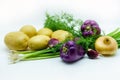 Assortment of fresh raw vegetables on white background. Selection includes potato, green onion, pepper, garlic and dill Royalty Free Stock Photo