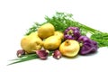 Assortment of fresh raw vegetables on white background. Selection includes potato, tomato, green onion, pepper, garlic and dill Royalty Free Stock Photo