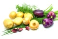 Assortment of fresh raw vegetables on white background. Selection includes potato, tomato, green onion, pepper, garlic and dill Royalty Free Stock Photo