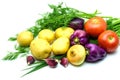 Assortment of fresh raw vegetables on white background. Selection includes potato, tomato, green onion, pepper, garlic and dill Royalty Free Stock Photo