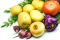 Assortment of fresh raw vegetables on white background. Selection includes potato, tomato, green onion, pepper, garlic and dill Royalty Free Stock Photo