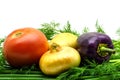 Assortment of fresh raw vegetables on white background. Selection includes potato, tomato, green onion, pepper, garlic and dill Royalty Free Stock Photo