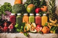 Assortment of fresh vegan smoothies or juices for diet