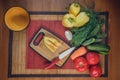 Assortment of fresh vegetables, autumn harvest, cooking vegetarian dishes, top view Royalty Free Stock Photo