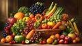 Assortment of fresh vegetables and fruits on a dark background.Cornucopia,Thanksgiving or fall harvest banner for design. Royalty Free Stock Photo