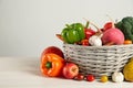 Assortment of fresh vegetables and fruits on white wooden table. Space for text Royalty Free Stock Photo