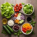 An assortment of fresh vegetables and ingredients arranged on Royalty Free Stock Photo