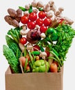 Shopping bag full of fresh vegetables and fruits isolated on white background. Supermarket grocery bag vegetables flat lay.