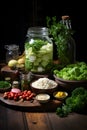 Assortment of fresh vegetables, spices, salt and fermentation containers ready for homemade fermentation