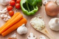 Assortment of fresh vegetables on a wooden table/soup preparation Royalty Free Stock Photo