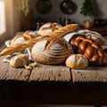 An assortment of freshly baked bread is displayed on a rustic wooden table Royalty Free Stock Photo