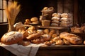 Assortment of freshly baked bread on a rustic wooden table Royalty Free Stock Photo