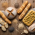 An assortment of freshly baked breads on a wooden surface. Includes a round, Royalty Free Stock Photo