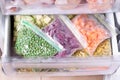 Assortment of frozen Vegetables in fridge. Frozen food in the freezer Royalty Free Stock Photo