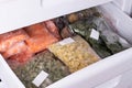 Assortment of frozenVegetables in home fridge. Frozen food in the refrigerator. Royalty Free Stock Photo