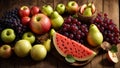 Assortment fruits, apples, pears, grapes, rustic mixed agriculture watermelon collection vegetarian old wooden background