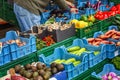 Assortment of fruits and vegetables on a market counter. Vegetarianism, raw food diet and healthy nutrition Royalty Free Stock Photo