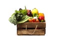 Assortment of fruits and vegetables, in a wooden box, close, horizontal, no people,