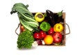 Assortment of fruits and vegetables, in a wooden box, close, horizontal, no people,